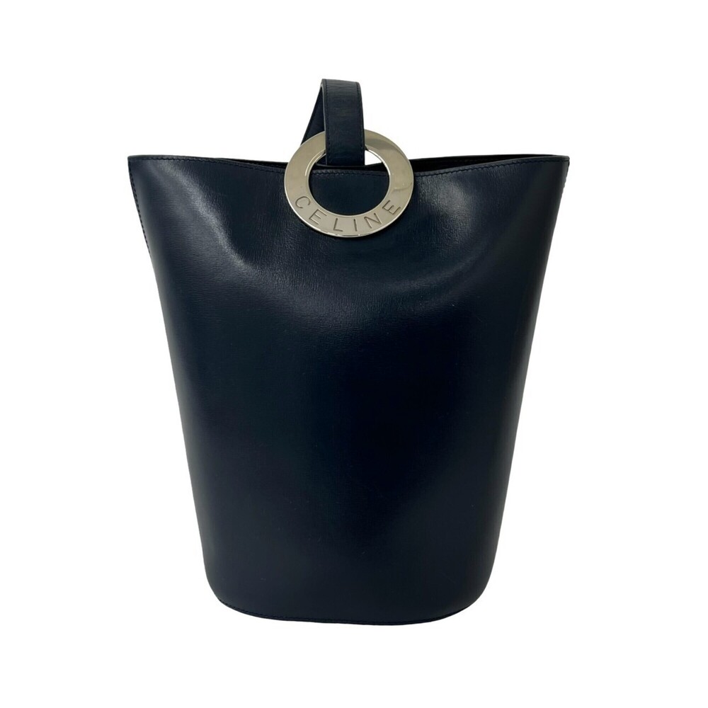 CELINE Vintage Circle Logo Hardware Leather Semi-One Shoulder Bag Tote Navy 3...